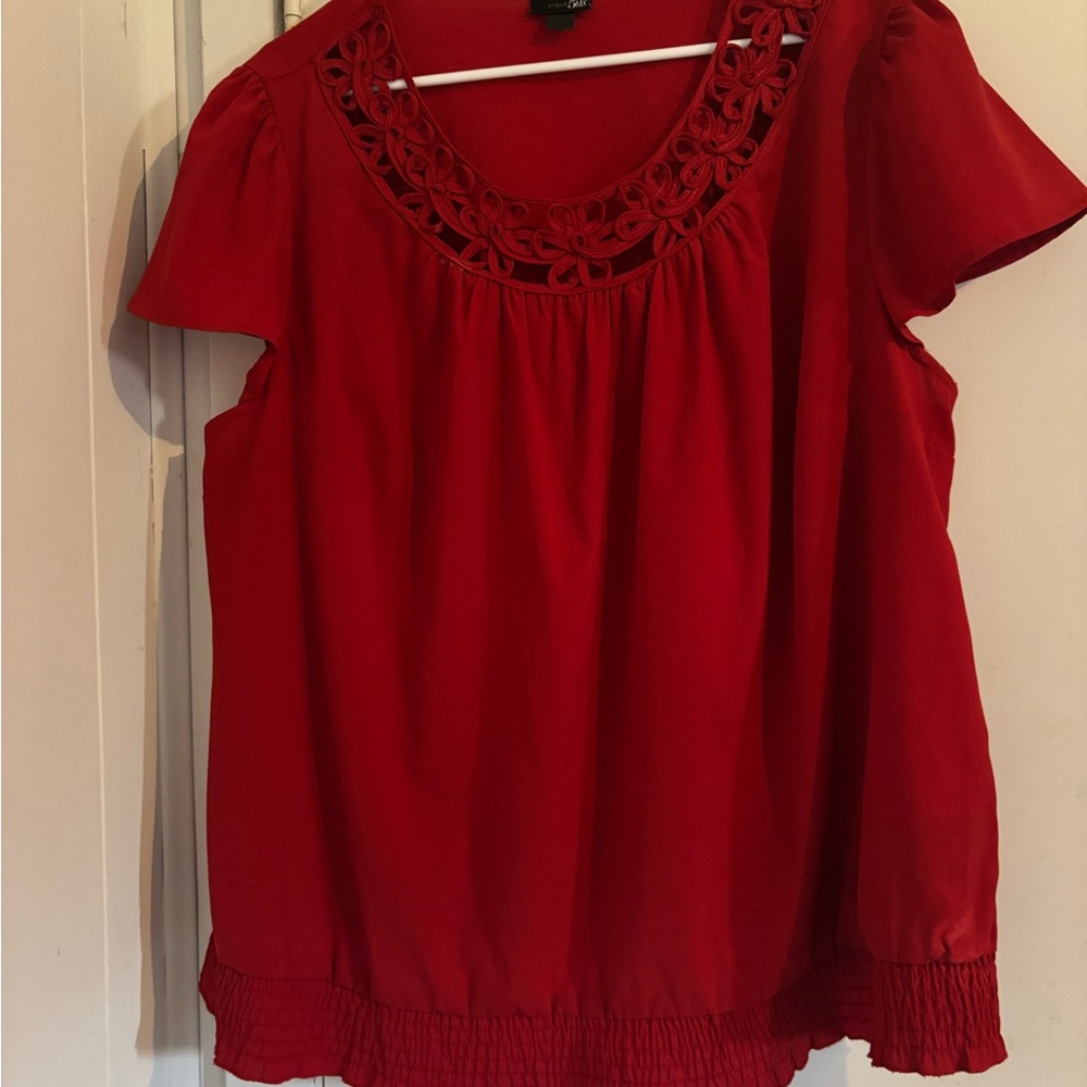 East 5th Red Blouse with Detailed Neckline